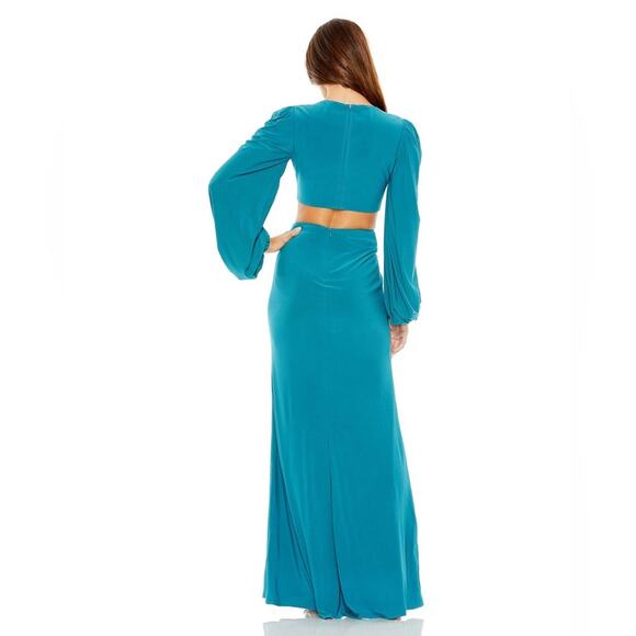Mac Duggal Jersey Puff Long Sleeve Cut Out Column Gown 26727 Ocean Blue 2 - Picture 10 of 11